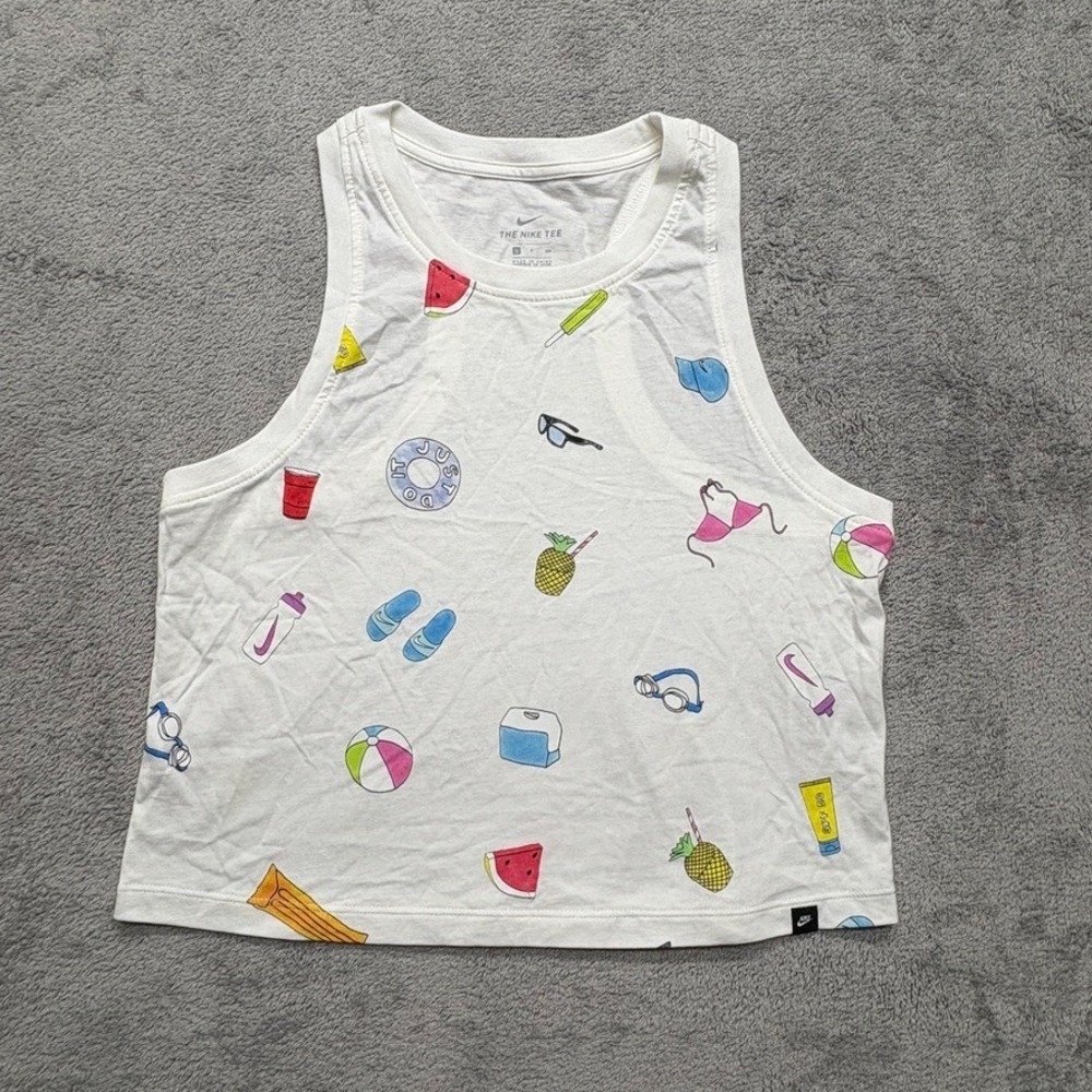 Nike Tank Top All Over Print Womens Small White Swoosh Train Gym‎